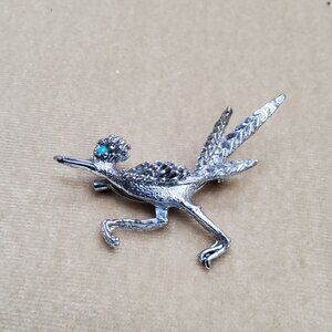 Vintage Silver Tone Roadrunner Brooch Pin with Turquoise Eye